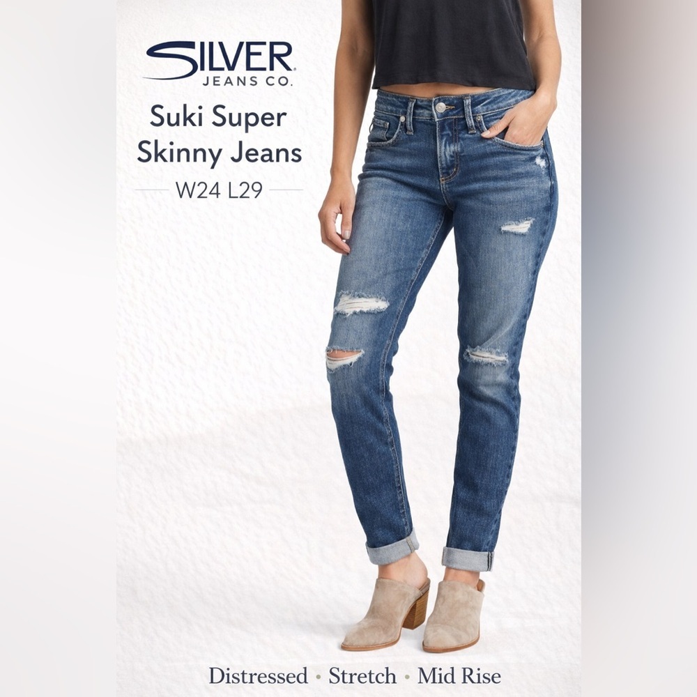 Silver Jeans Co Suki Super Skinny Jeans W24 L29 Distressed Stretch Denim